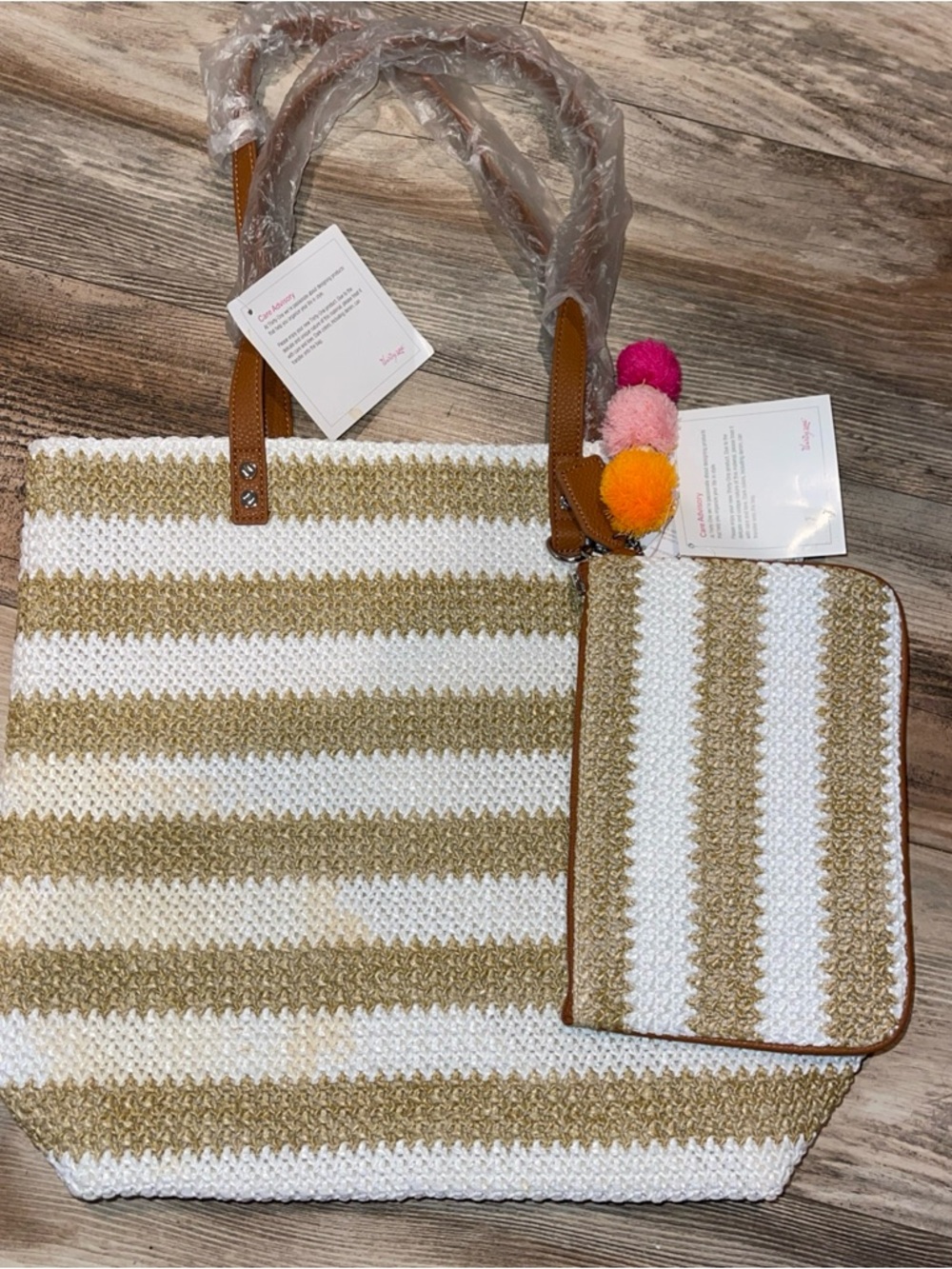 Thirty One 31 Around Town Tote White Tan Striped Straw New Ruby Mini Pouch NWT